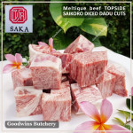 Beef TOPSIDE Australia MELTIQUE SAKA meltik (wagyu alike) daging rendang dendeng frozen SAIKORO DICED CUBED DADU cuts 4cm 1.5" (price/pack 500g 9-10pcs)